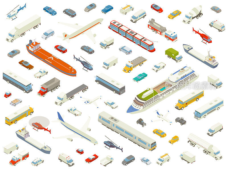 Isometric vehicle icons bold color